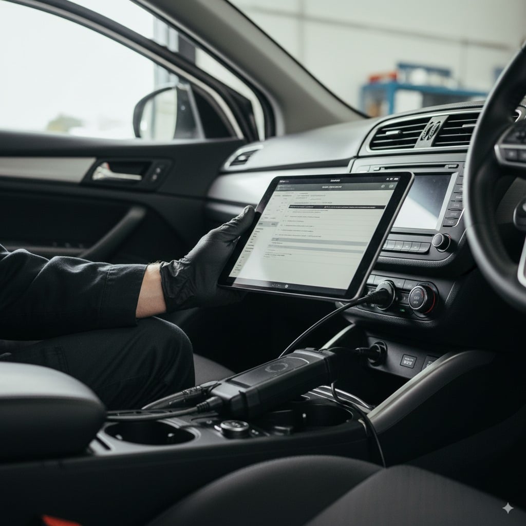 Diagnóstico eletrônico sendo realizado no interior do veículo