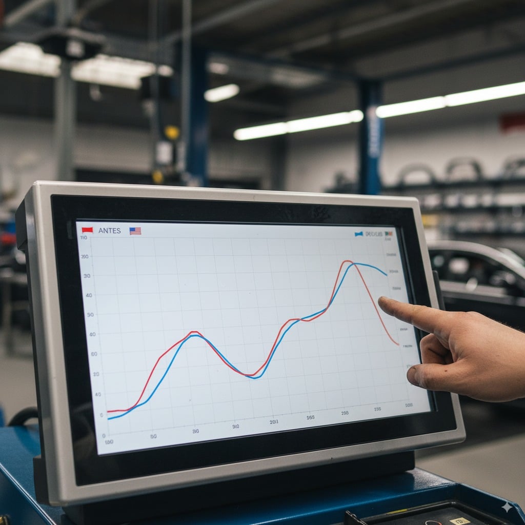 Gráfico de dinamômetro mostrando ganhos de potência antes e depois do remapeamento